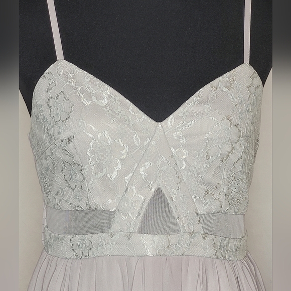 Maniju Gray V-Neck Lace Top Spaghetti Straps Floor Length Chiffon Skirt - Size L - Picture 5 of 12